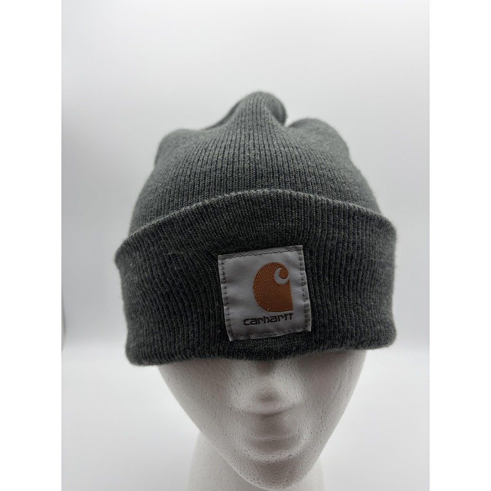 Carhartt Hat Beanie Fitted One Size Gray Acrylic Knit Logo Mens A18 Winter